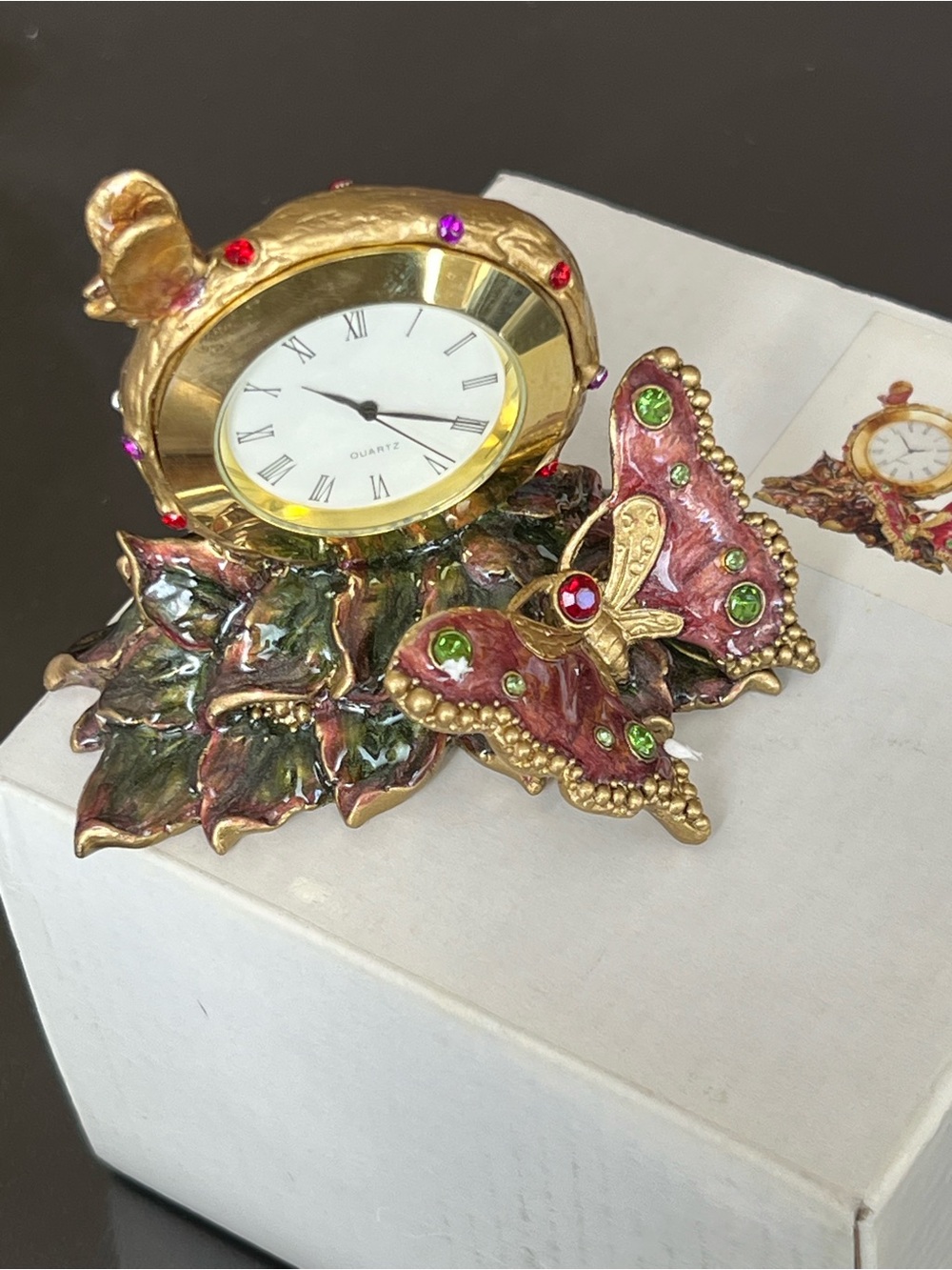 Jeweled Enameled Butterfly Desk Clock Quartz Small Tabletop Clock NIB 69027C